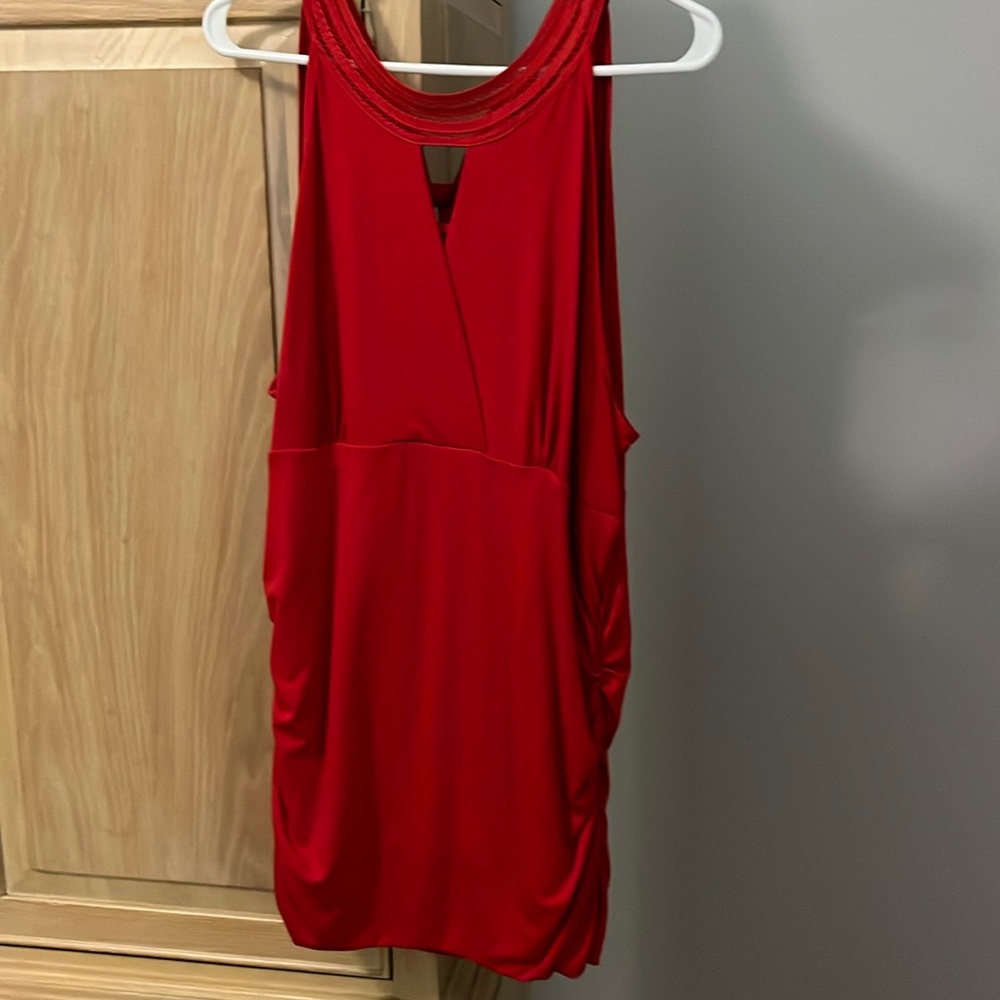 White House Black Market Red Sleeveless Top, cinched waist, peep hole, tie neck